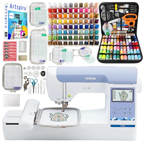 Brother PE900 5" x 7" Embroidery Machine All-in-One Bundle with 5 Embroidery Hoops, 80 Embroidery Threads & Deluxe Accessory Kit