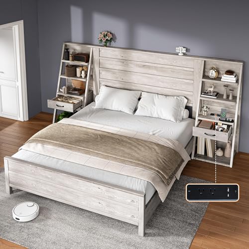 LUXOAK Full Bed Frame with Bookcase Headboard & 4-Tier Bedside Shelf, Farmhouse Platform Bed with Charging Station and 2 Drawers, Noise-Free, No Box Spring Needed, Rustic White LUXOAK