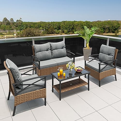 YITAHOME 4-Piece Patio Furniture Wicker Outdoor Bistro Set, All-Weather Rattan Conversation Loveseat Chairs for Backyard, Balcony and Deck with Soft Cushions and Metal Table (Light Brown+Gray) YITAHOME
