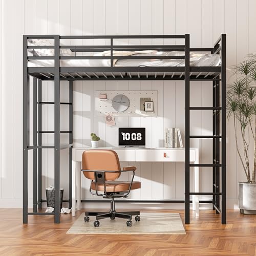Shintenchi Loft Bed Twin Size with Desk and Storage Shelves, Frame with 2 Side Ladders for Kids, Teens Adults, Spcace-Saving Noise-Free and Anti-tilt Design, Black Shintenchi