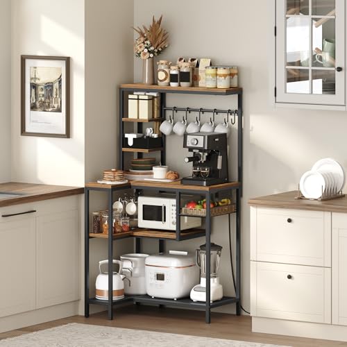 YATINEY Coffee Bar, Bakers Rack with Power Outlet, Large Microwave Stand with Wire Basket and 6 Hooks, Kitchen Storage Rack, Versatile Coffee Station for Living Room, Home Cafe, Rustic Brown HB10UBR