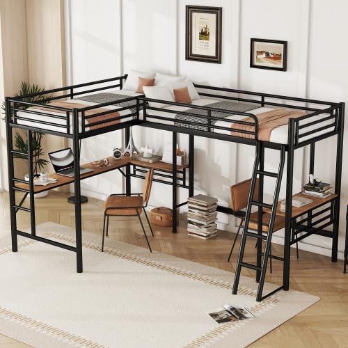 Harper & Bright Designs Twin Size Metal Loft Bed with Two Built-in Desks, L-Shaped Loft Bed with Two Ladders for Kids Teens, Black Harper & Bright Designs