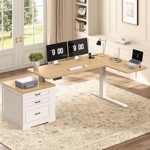 SEDETA Farmhouse L Shaped Electric Standing Desk, 70.9" x 39.4" Height Adjustable Office Executive Desk with 3 Drawers, Standing Computer Desks with Power Outlet for Home Office, Oak SEDETA