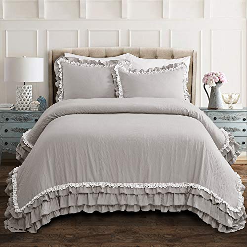 Lush Decor Ella Ruffle Lace Comforter, 3 Piece Set, King, Light Gray - Cute Comforter - King Bedding Set - Gray Bedding - Coquette Decor - Ruffle Trim - Lace Trim Lush Decor