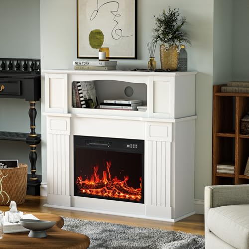 BOSSIN 43" Electric Fireplace with Mantel, 14-Color LED Light Strip, 23 inch Insert, Freestanding TV Stand with Heater, Wooden Surround, Faux Log & LED Flames, Remote Control, 750W/1500W, White BOSSIN