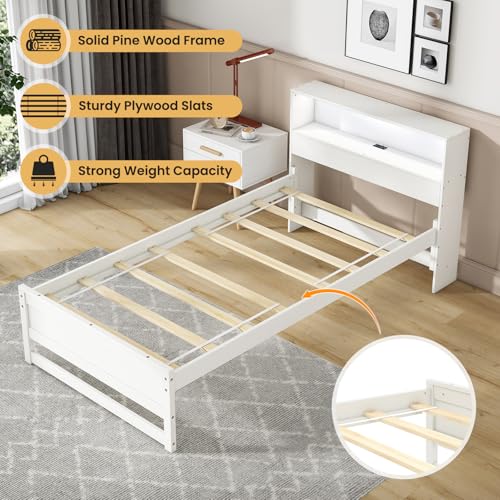 Giantex Twin Bed Frames with Storage Headboard, Wood Platform Bed with Charging Station & LED Light, Single Bed with Slats Support, Under-Bed Space, Twin Bed Frames for Kids Girls Boys (White) Giantex