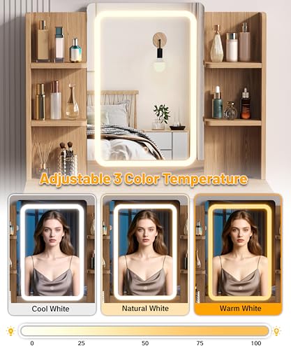 Zeibospri 29.5" Small Makeup Vanity with Adjustable Light Mirror, Fluted Vanity Table with 2 Drawer & 4 Open Storage Shelf, 3 Light Modes and Brightness, for Woman and Girls, Bedroom,Natural Oak Zeibospri