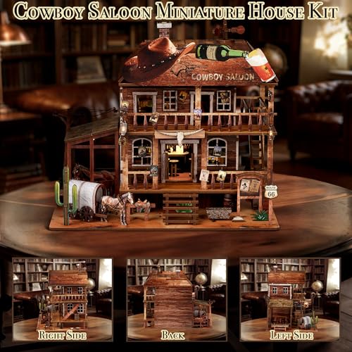 Cowboy Saloon Miniature Kit - DIY Miniature House Kit for Adults, Teens, Dollhouse Booknook Bookshelf Insert Decor with LED Light, 3D Wooden Puzzle Gifts for Family, Friends