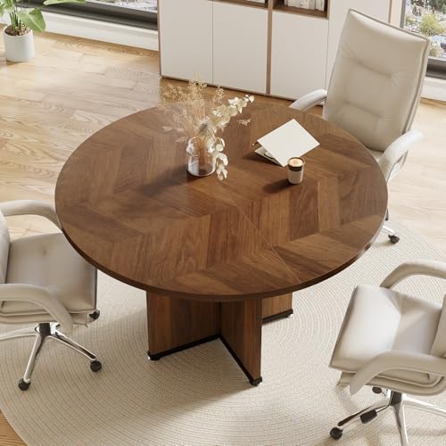 LITTLE TREE 39-Inch Small Conference Table for 4, Round Meeting Table with X-Shape Pedestal, for Office, Conference Room, Small Spaces, Dark Brown LITTLE TREE