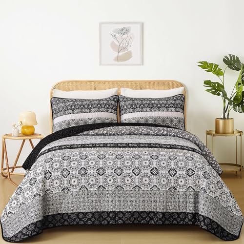 WONGS BEDDING Boho Quilt Set King, Bohemian Black Striped Patchwork Bedspread Coverlet Set with 2 Pillowcases,Lightweight Microfiber Floral Bedding Set 104"×90" WONGS BEDDING