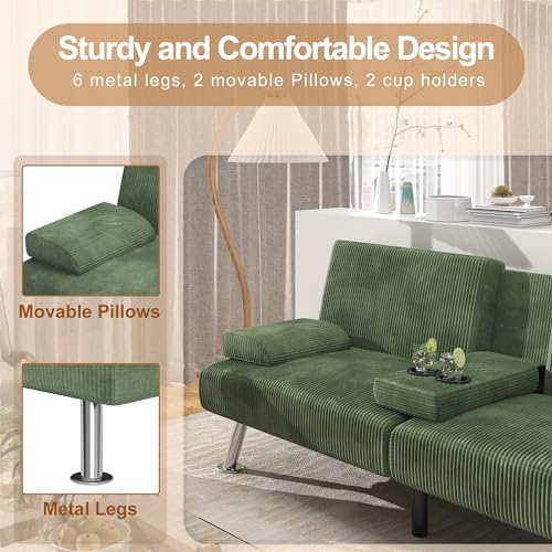 Shahoo Modern Upholstered Convertible Folding Futon Sofa Bed with Removable Armrests, Metal Legs, 2 Cup Holders for Living Room, Green Shahoo