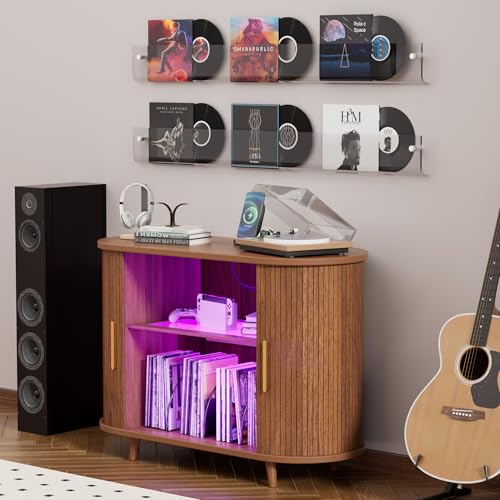 KSOBEBVT Record Player Stand with Vinyl Storage, Modern Media Cabinet with Charging Station & LED Lights, Sliding Door Turntable Stand, Audio-Visual Shelving Unit for Living Room (Walnut, 39") KSOBEBVT