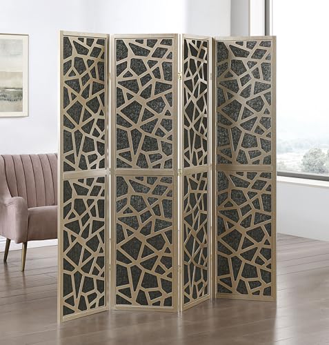 Roundhill Furniture Aurra 4-Panel Wood Room Divider, Folding Portable Partition Screen, Gold Roundhill Furniture