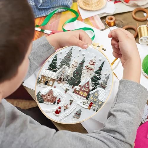 AZKRWFLM Christmas Village Embroidery Kit for Adults – DIY Winter Snow Scene Hand Embroidery Set with Pattern Manual, Holiday Decor Craft Kit for Beginners,