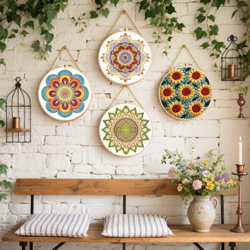 FREEBLOSS 4 Sets Embroidery Kit for Beginners Needlepoint Embroidery Starter Kit with Mandala Stamped Patterns, Instructions, Colored Threads, 2 Hoops 20cm/7.9inch
