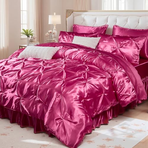 Bedbay Hot Pink Comforter Set,Satin Queen Comforter with Sheets,Bed in a Bag Queen,Pinch Pleat Bedding Set,Hot Pink Pintuck Luxury Bed Set 10 Pcs,Soft Lightweight Silk Like Satin Bedding Set Bedbay