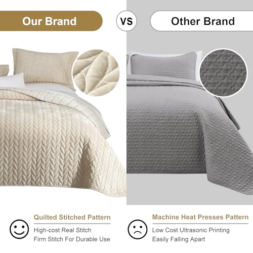 Ivellow Luxury Velvet Quilt Set King Size Bedding Sets Lightweight Ultra Soft Velvet Comforter Set Leaves Chevron Stitch Oversized Bedspread Coverlet 3 Pcs Full Bed Cover Sets for All Seasons Beige Ivellow