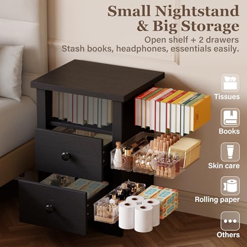 YESHOMY Nightstand Set of 2, Farmhouse Night Stand with 2 Storage Drawers and Open Shelf, Bedside Tables for Bedroom Small Space, Black YESHOMY
