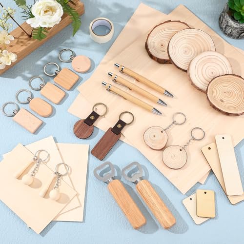 Briwooody 100 Pcs Laser Material Kit Engraving Blanks Wooden Keychains Blanks Set Laser Cutting Materials Unfinished Wooden Engraving Key Tag Ring for DIY Gifts Crafting Cutters Briwooody