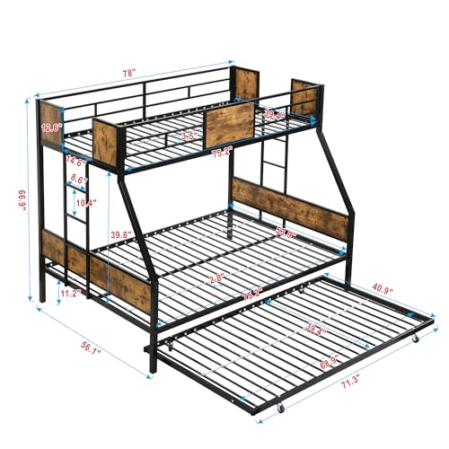 Olela Twin Over Full Bunk Beds with Trundle Bed, Heavy Duty Metal Frame with Safety Rails & 2 Side Ladders for 3 Sleepers, No Box Spring Needed for Kids, Teens, Guest Room, Max Capacity 850 Lbs Olela