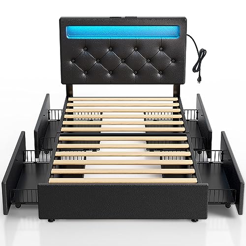 Rolanstar Twin Bed Frame with 4 Storage Drawers and Charging Station,Twin Bed with Led Lights, 2 USB & 1 Type C, Adjustable Headboard 38.9/40.8 Inches, No Box Spring Needed, Black Rolanstar