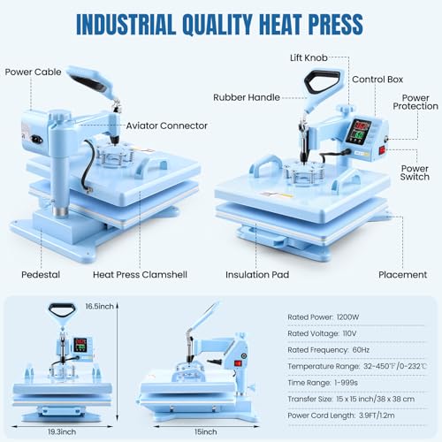 WHUBEFY Heat Press,15x15 Shirt Press Machine 8 in 1 with 30Oz Tumbler Attachment Sublimation Machine Digital Slide Out Sublimation Heat Transfer Machine, Heat Press for T-Shirts Mugs Caps Plates,1400W Whubefy