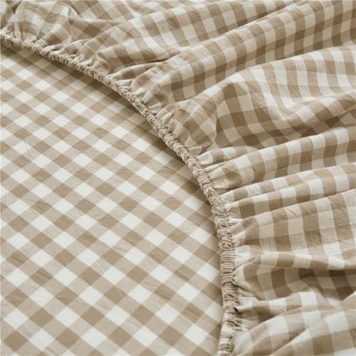 Tan Gingham Fitted Sheet Queen 100% Washed Cotton Taupe Plaid Queen Bed Sheet Grid Single Bottom Sheet with 15" Deep Pocket Gingham Bedding Grid Sheet 1 Piece Cotton Breathable Mattress Cover LifeTB