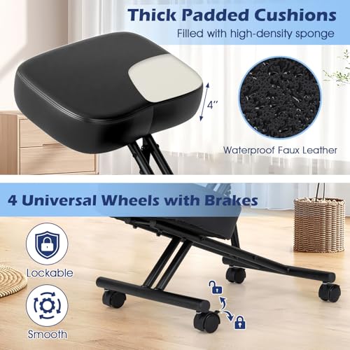 Giantex Ergonomic Kneeling Chair for Office, Knee Stool Chair w/Adjustable Height and Seat Angle to Relieve Pain, Posture Desk Chair w/Lockable Universal Wheels, Thick Padded Cushions, Black (1) Giantex