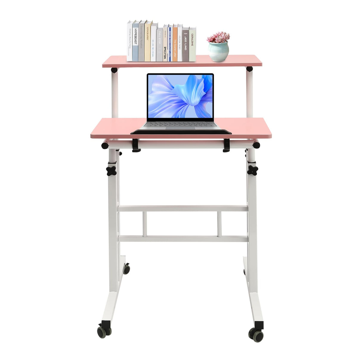 LEYSRIS Mobile Standing Desk Stand up Computer Desk Workstation with Universal Wheels, Adjustable Height Dual Desktop Tilting Panel Rolling Computer Cart (Pink) LEYSRIS