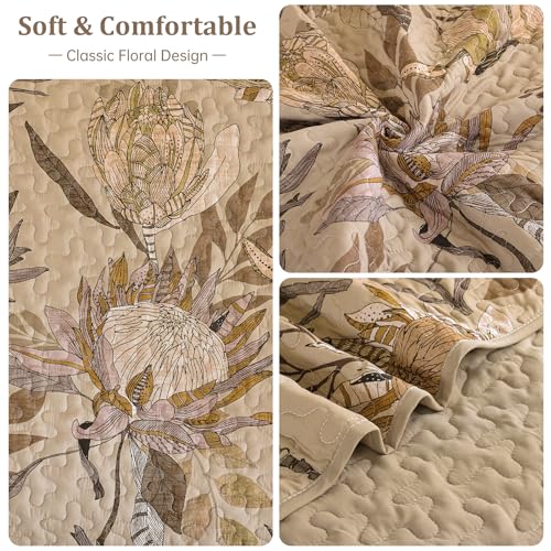 Dintszyayue Quilt Queen Size Brown, 3 Pieces Boho Floral Bedspread Bedding for Queen Size Bed, Soft Lightweight Microfiber Coverlet Set for All Season Quilt with 2 Pillowcases Dintszyayue