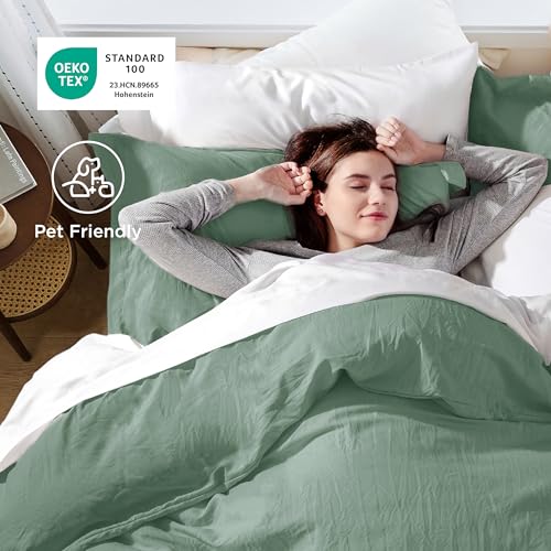 Bedsure Sage Green Duvet Cover Queen Size - 3 Pieces Prewashed Cotton-Like Polyester Extra Soft Bedding Set, Includes 1 Duvet Cover 90x90 Inches with Zipper Closure & 2 Pillow Shams, No Comforter Bedsure