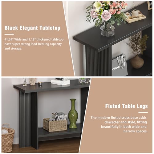 Trironsun Fluted Console Table for Small Spaces 2-Tier Storage Narrow Entryway Table with Solid Wood Cross Base Mid-Century Modern Sofa Table for Hallway Living Room Behind Couch Trironsun
