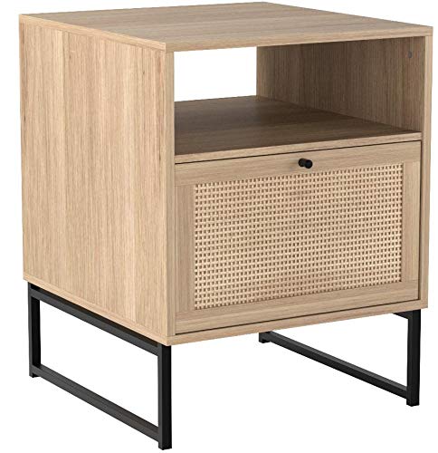 Nathan James Mina Rattan Wood End Side Accent Table Nightstand with Storage for Living Room or Bedroom, 1, Oak/Black Nathan James