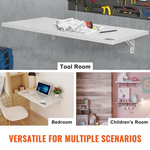 VEVOR Wall Mounted Folding Table, 39.37" x 19.69" Wall Mount Drop Leaf Table, Floating Desk with Iron Bracket, Fold Down Desk for Small Spaces, Home Office, Dining, Laundry Room, Kitchen, Bar, White VEVOR