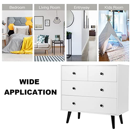 Tangkula 4 Drawer Storage Cabinet, Wood Chest of Drawers, Freestanding Floor Side Cabinet with Legs & Metal Handles, Modern Storage Drawer for Living Room (White) Tangkula