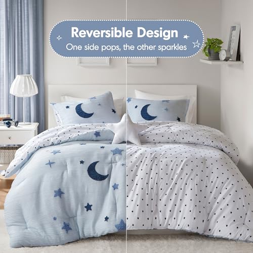 Intelligent Design Kids Cosmos Twin Size Comforter Set – Blue Star and Moon Tufted Chenille, Reversible 3-Piece Bedding with Star Pillow Intelligent Design