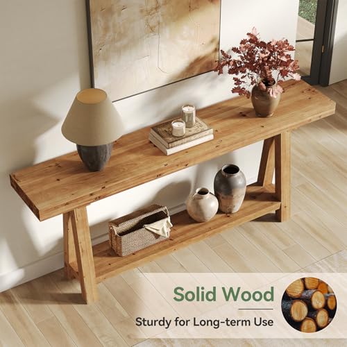 TRIBEWOOD 70.9-Inch Solid Wood Console Table for Entryway, Farmhouse Long Sofa Table with Shelves for Living Room, Hallway, Foyer, Easy Assembly TRIBEWOOD