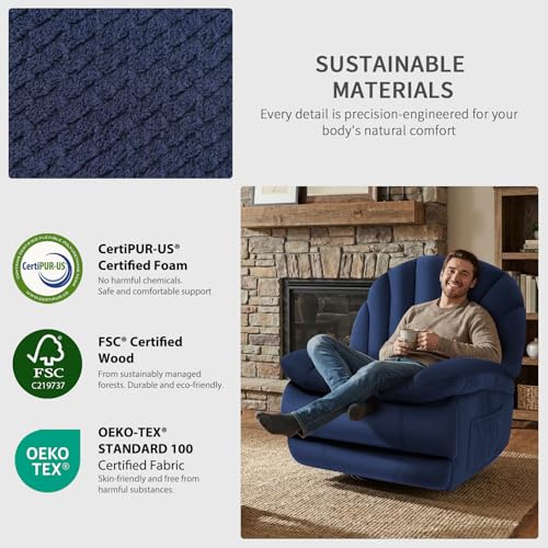 EONIX Dual Motor Power Swivel Rocking Recliner Chair for Living Room, Armless Oversized Shell Shape Lazy Boy Rocker Recliner, Plush Fabric Thickened Cushion, Elevated Soft and Comfort, Navy Blue