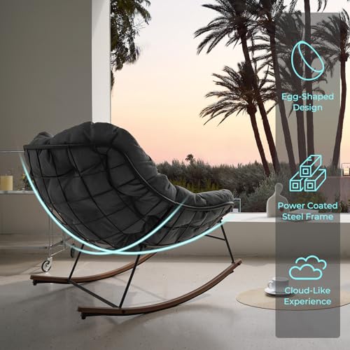 Grand patio Rocking Chair Outdoor, E-Coated Papasan Rocking Chair with Cushion, Outdoor Rocker Recliner Chair for Patio Porch Garden Backyard, Grey Grand patio