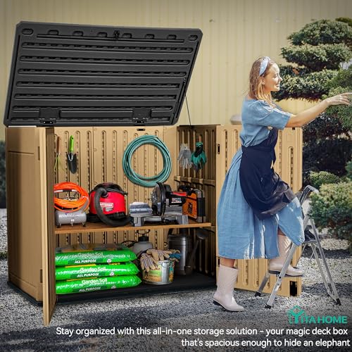YITAHOME Extra Large Outdoor Horizontal Storage Shed, 4.5x4ft Resin Tool Sheds w/o Shelf, Easy to Assemble Waterproof Storage for Trash Cans, Garden Tools, Lawn Mower, Lockable, Brown YITAHOME