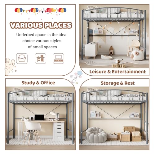 Garvee Loft Bed Twin Size with Ladde and Arched Guardrail, Heavy Duty Metal Loft Bed Frame for Kids and Adults, Sturdy Steel Slats Support, Small Space Saving Design, No Box Spring Needed, Gray Garvee