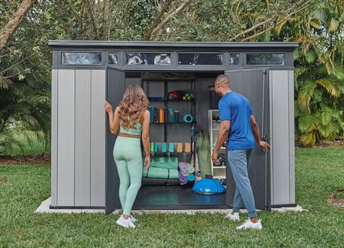 Keter Artisan 11x7 Modern Resin Outdoor Storage Shed Kit-Perfect to Store Patio Furniture, Garden Tools Bike Accessories, Beach Chairs and Lawn Mower, Grey & Black Keter