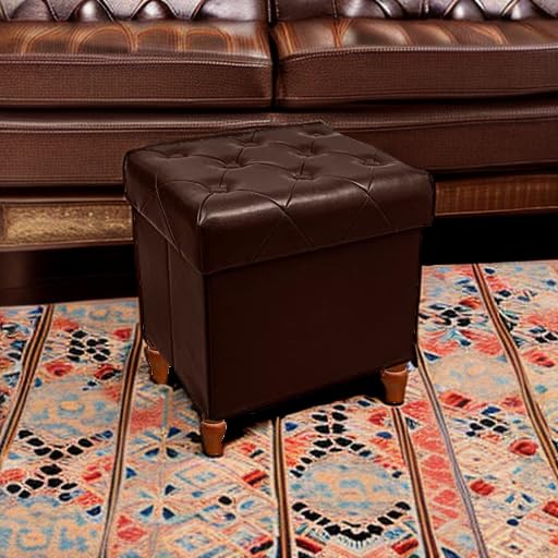 CAROLMADE Folding Storage Ottoman Cube PU Leather Footstool with Wood Legs Ottoman Footrest for Living Room and Bedroom Brown, 15x12.6 x 15.4” CAROLMADE