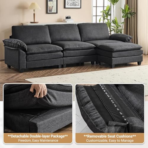VINGLI 121" Cloud Linen Couch, Comfy Modular Sectional Sofa Set for Living Room,Modern 3-Seat Convertible Loveseat Sofa with 1 Ottoman for Small Space, Black VINGLI