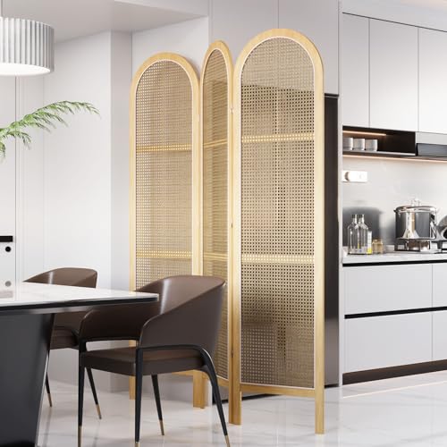 Svimi Room Dividers and Folding Privacy Screens, Pine Wood 5.6 Ft Double Hinged Rattan Partition Freestanding Wall Room Divider for Home - 3 Panels (Natural) Svimi