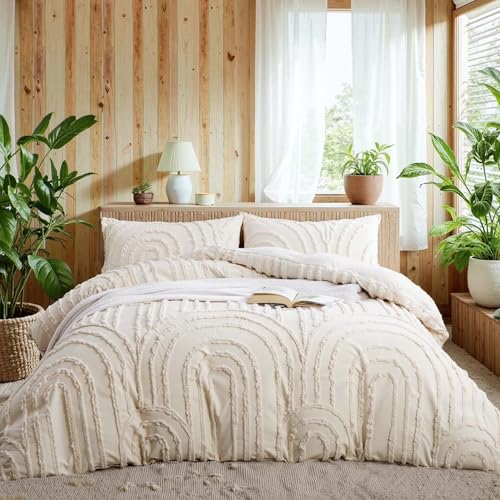 Nayoroom Boho Duvet Cover Full Size Beige Tufted Chenille Rainbow Textured Comforter Cover 3 Pcs Luxury Soft Washed Microfiber Aesthetic Bedding Set with Zipper Closure for All Seasons Nayoroom