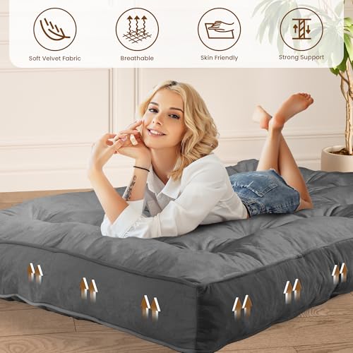 8" Futon Mattress Full Size 54" x 80", Thick Futon Sofa Couch Bed for Adults, Velvet Floor Futon Mattress Shredded Foam Filling, Tatami Sleeping Mat for Camping, Dorm, Dark Gray(Frame Not Included) Bliss Homey