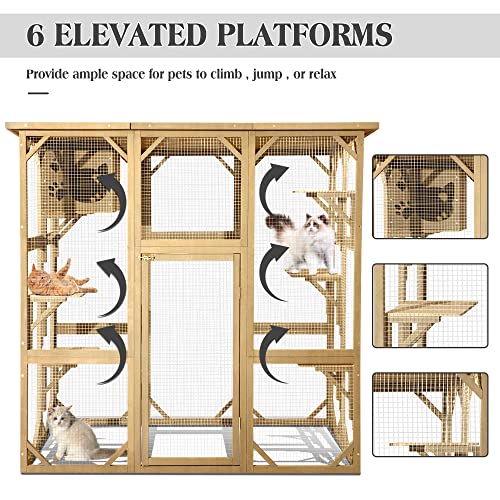 TITIMO Catio Outdoor Cat Enclosure, Large Wooden Outdoor Cat House with Small House, Cat Cage with 6 Platforms and Weather Protection (Nature Wood,63" x 31.1" x 59.33") TITIMO
