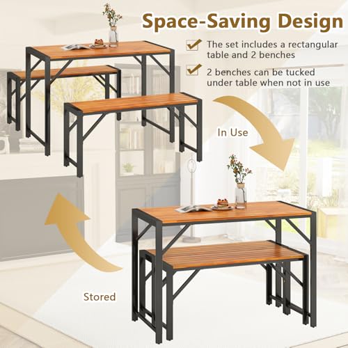 Tangkula 3-Pieces Patio Dining Set for 4 People, Outdoor Picnic Table & 2 Benches, 44" Acacia Wood Dining Table w/Metal Frame, Space-Saving Dinette Set for Garden Porch Poolside Yard Balcony Tangkula