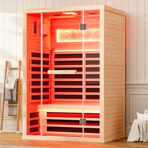 Albott Infrared Sauna 2 Person, Infrared Saunas for Home, Low EMF 110V Hemlock Wood Dry Sauna with Tourmaline Foot Warmer, 7-Color Light Therapy & Salt Crystal Bricks, 47.2"x34.2"x70.9" Albott